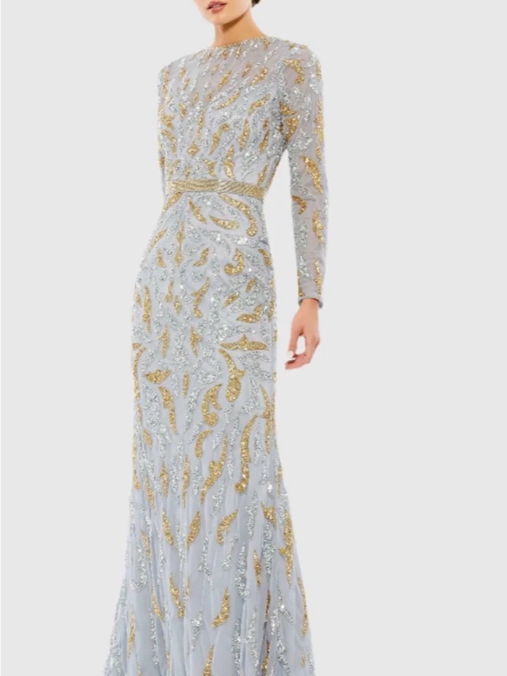 Mac Duggal Silver Gown with Gold Sequin Accents